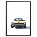 Ladda upp bild till gallerivisning, Illustration of a classic yellow sports car viewed from the front on a minimalist white background.
