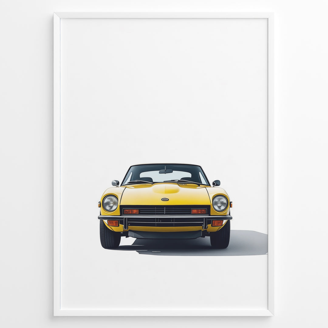 Illustration of a classic yellow sports car viewed from the front on a minimalist white background.