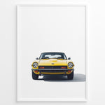 Ladda upp bild till gallerivisning, Illustration of a classic yellow sports car viewed from the front on a minimalist white background.
