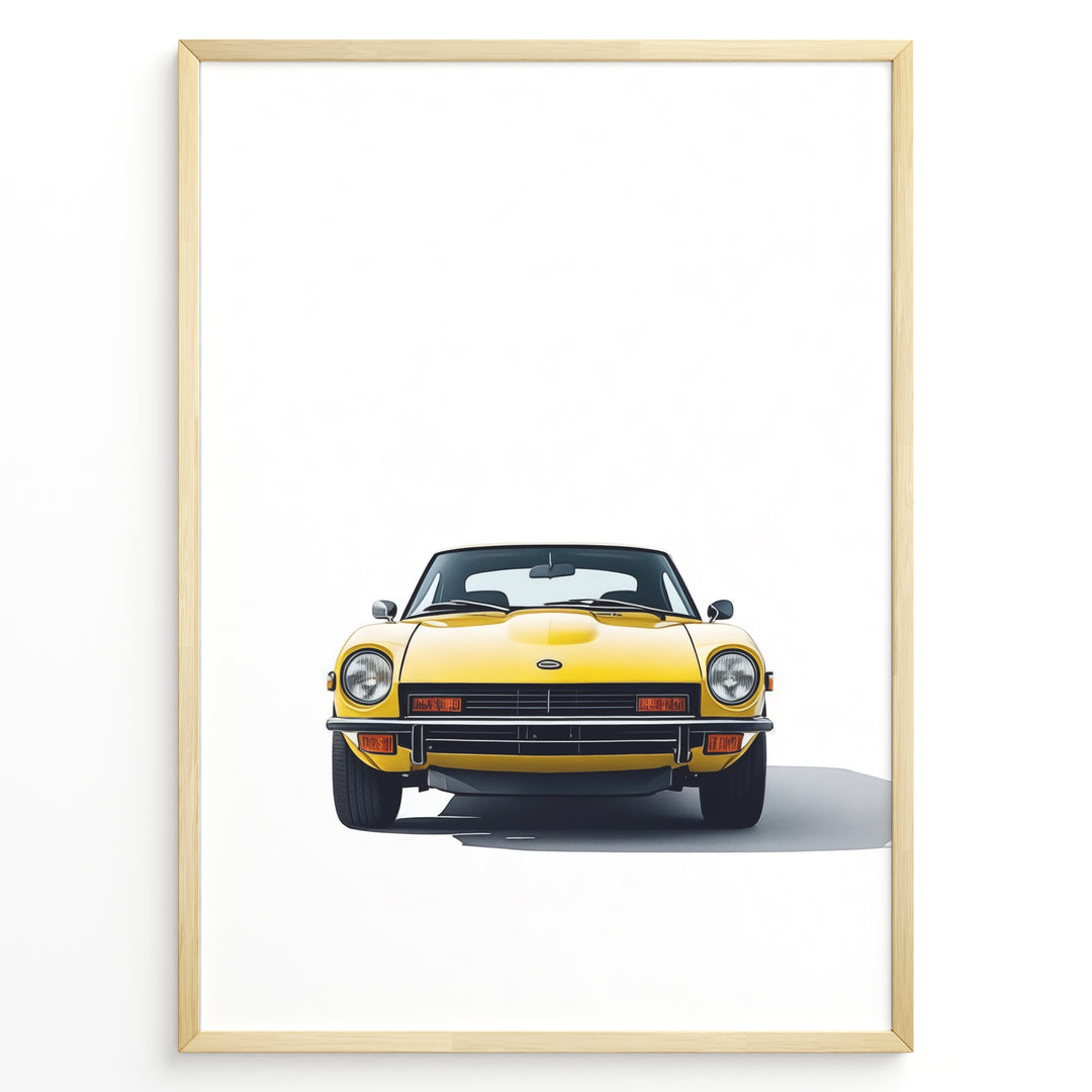 Illustration of a classic yellow sports car viewed from the front on a minimalist white background.