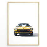 Ladda upp bild till gallerivisning, Illustration of a classic yellow sports car viewed from the front on a minimalist white background.
