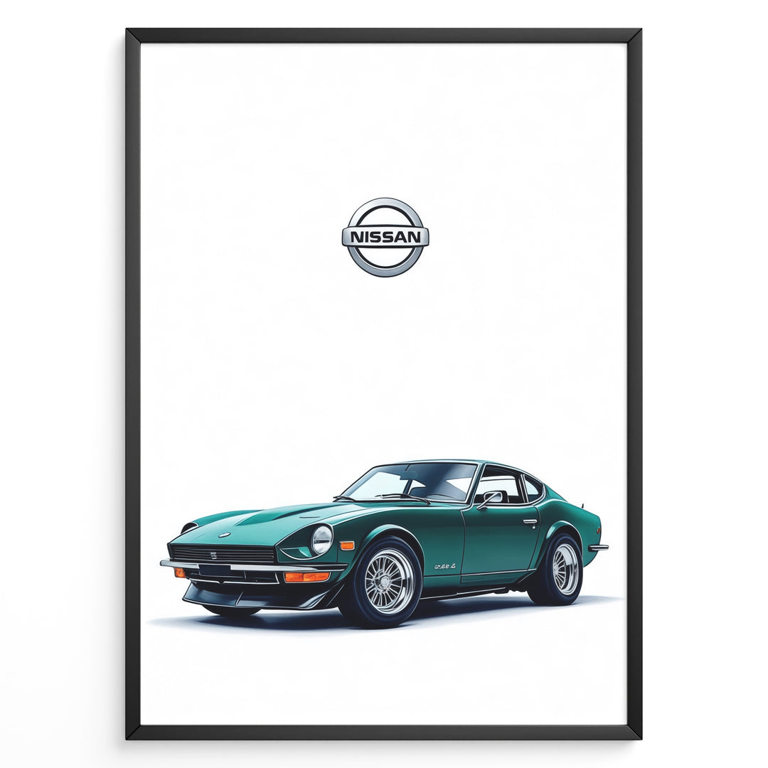 Illustration of a classic green Nissan sports car on a white background.