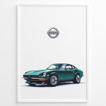 Ladda upp bild till gallerivisning, Illustration of a classic green Nissan sports car on a white background.
