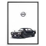 Ladda upp bild till gallerivisning, Illustration of a black classic Nissan Skyline GT with Nissan logo above.
