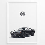 Ladda upp bild till gallerivisning, Illustration of a black classic Nissan Skyline GT with Nissan logo above.
