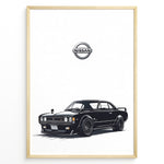 Ladda upp bild till gallerivisning, Illustration of a black classic Nissan Skyline GT with Nissan logo above.
