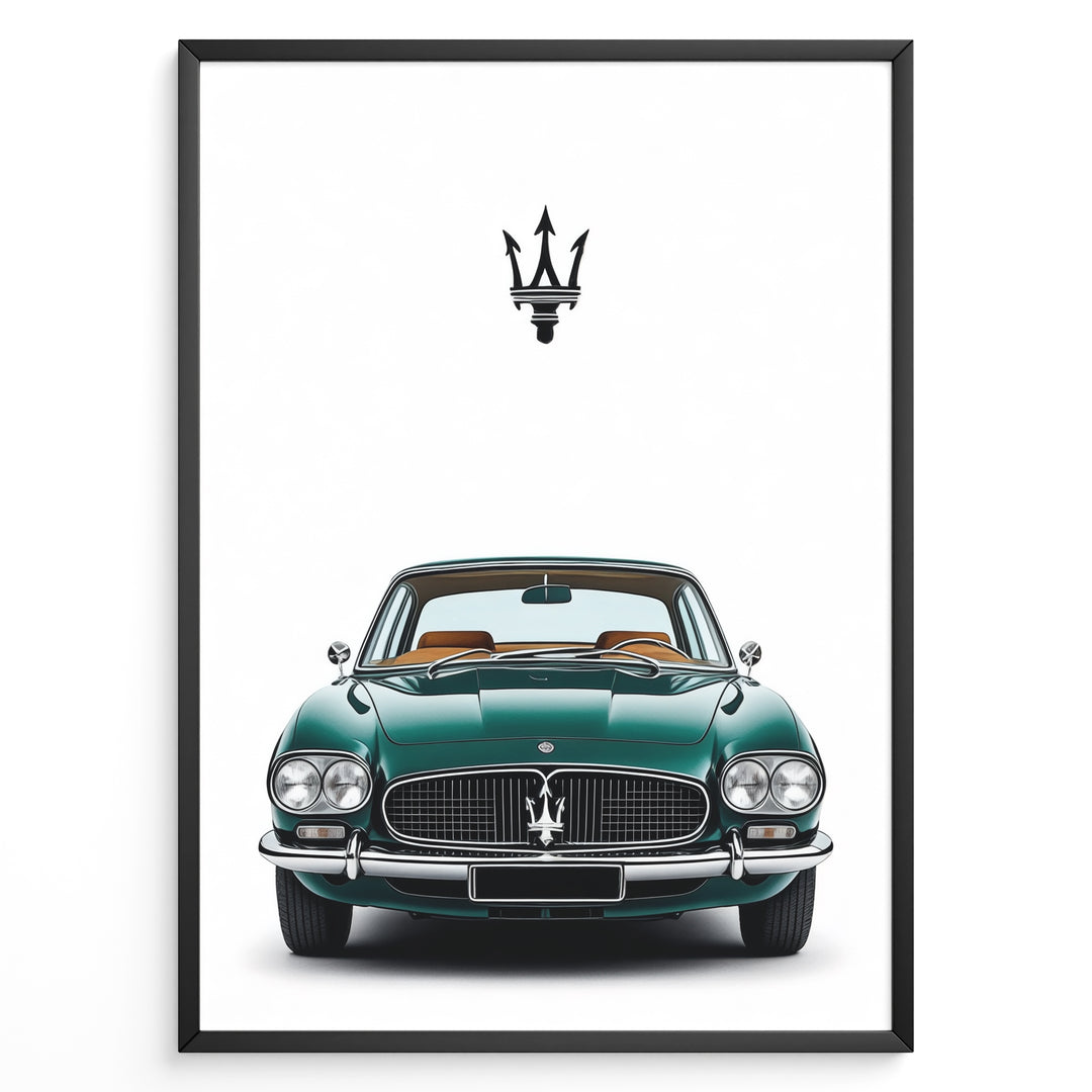 Front view illustration of a vintage green Maserati classic car.