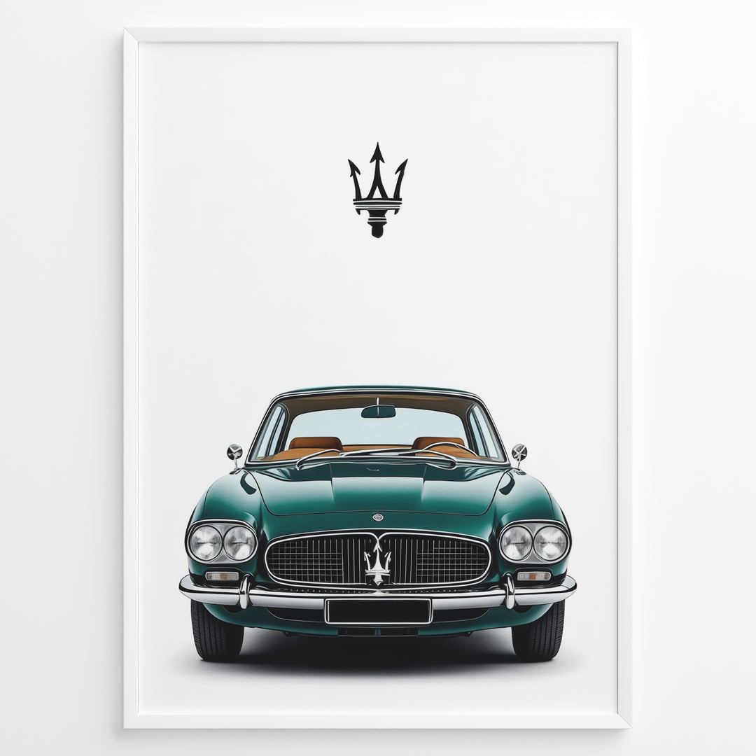 Front view illustration of a vintage green Maserati classic car.