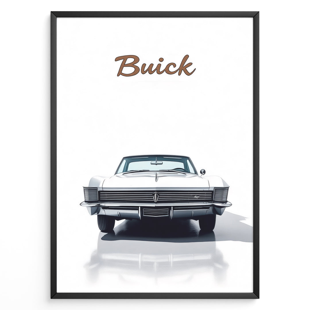 Front view illustration of a classic white Buick Riviera car on a minimalist poster.