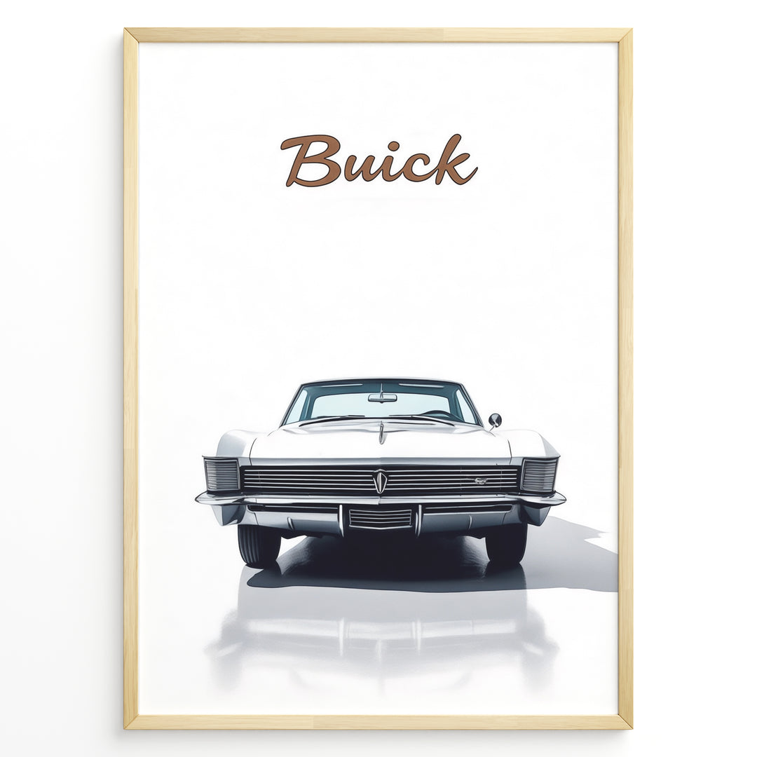 Front view illustration of a classic white Buick Riviera car on a minimalist poster.
