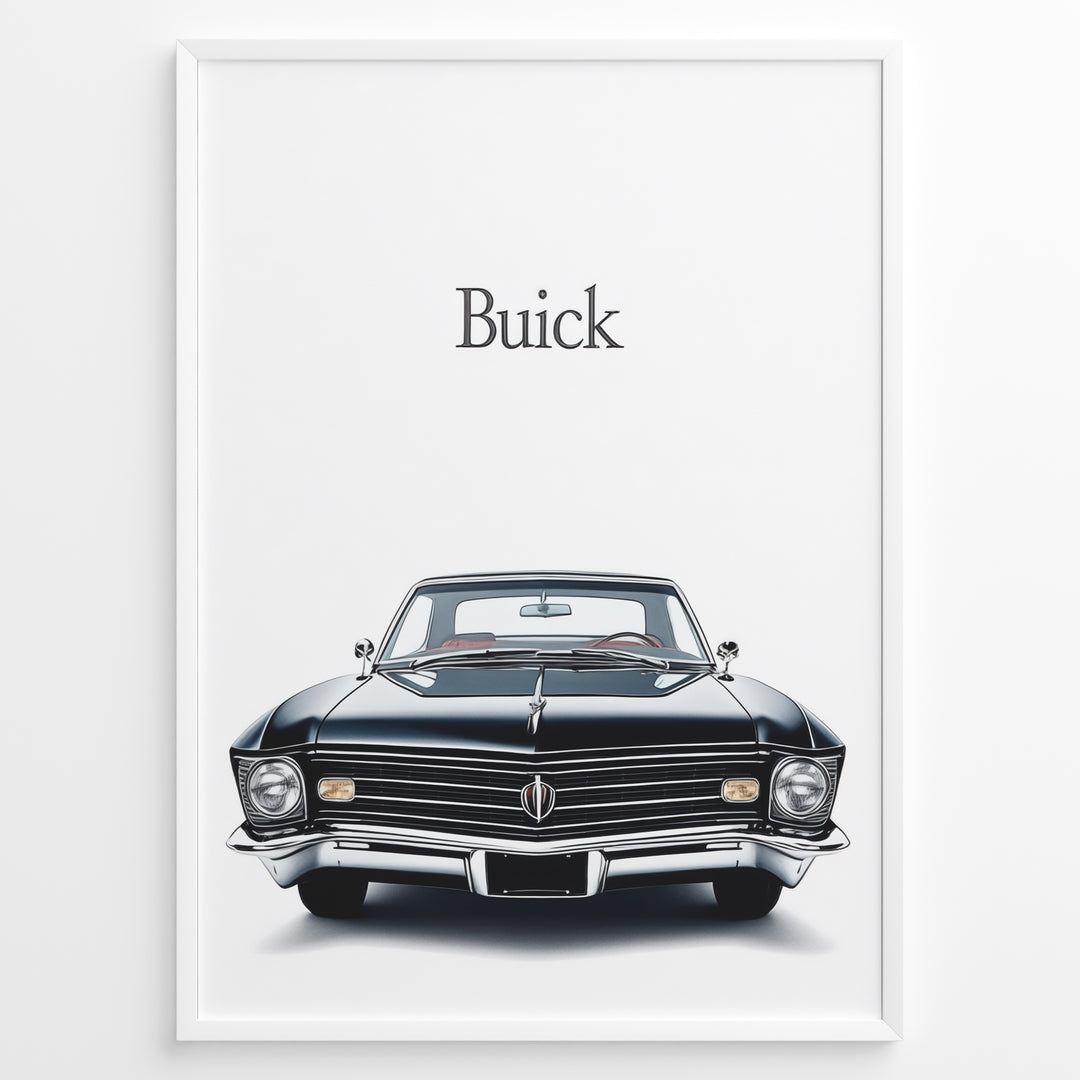 Front view of a classic black Buick car on a minimal white background.