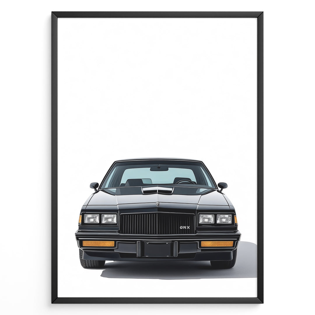 Front view illustration plakat of a black Buick GNX classic muscle car.