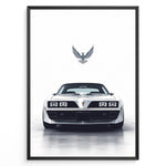 Ladda upp bild till gallerivisning, Illustration of a classic white Pontiac Trans Am viewed from the front with a bird emblem above.
