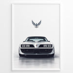 Ladda upp bild till gallerivisning, Illustration of a classic white Pontiac Trans Am viewed from the front with a bird emblem above.

