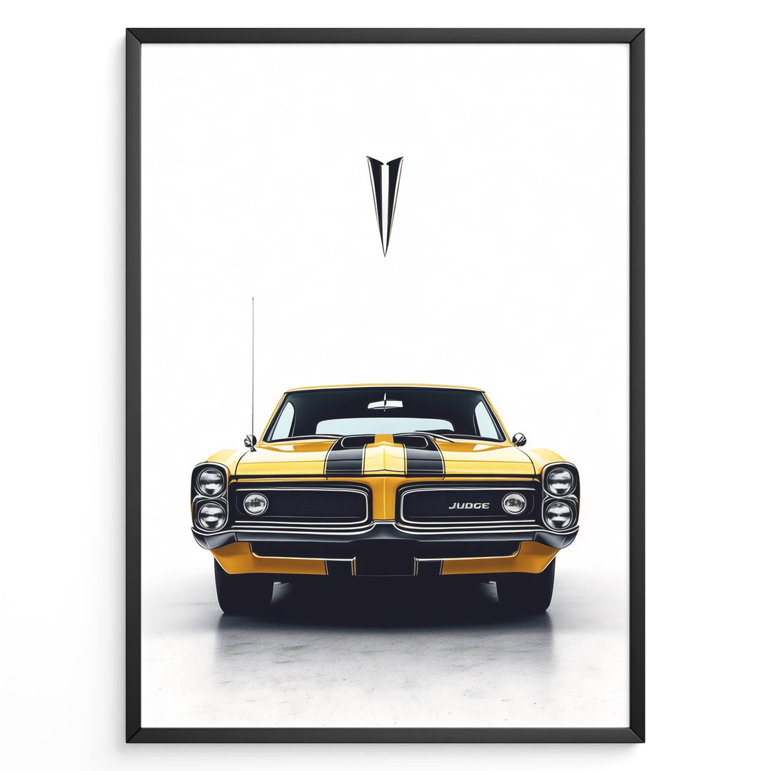 Yellow Pontiac GTO Judge vintage muscle car front view illustration poster.