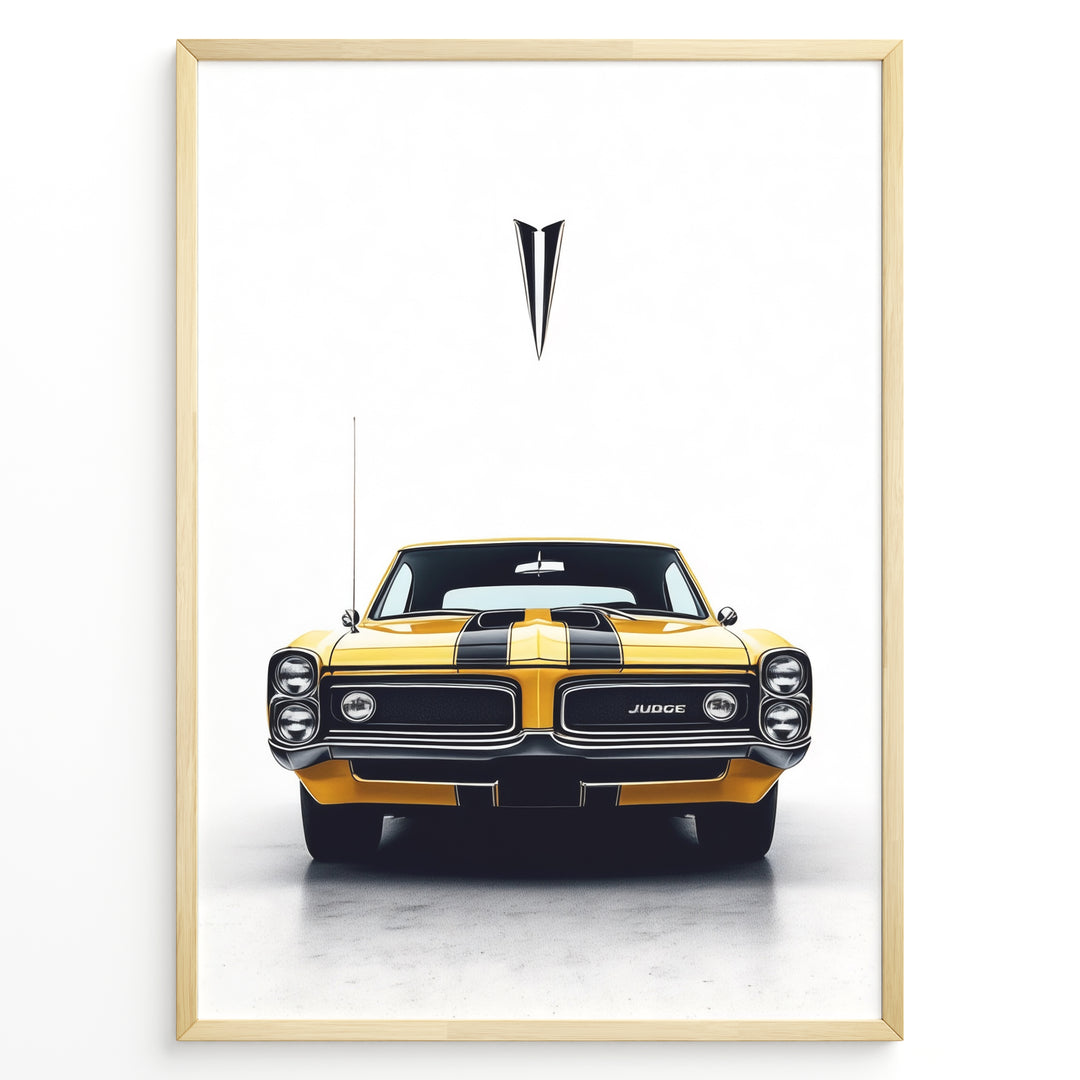 Yellow Pontiac GTO Judge vintage muscle car front view illustration poster.
