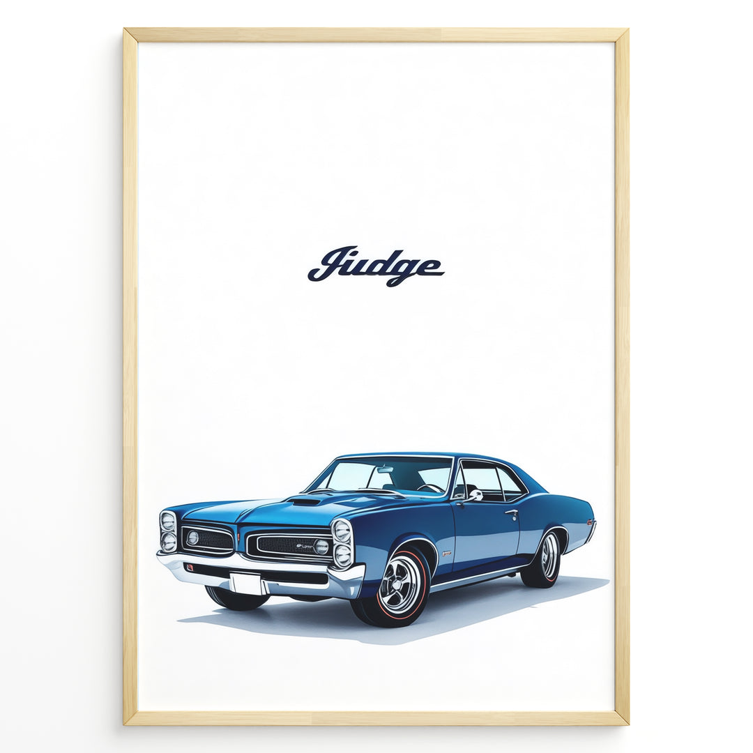 Illustration of a blue Pontiac GTO Judge classic muscle car on a white background.