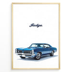 Ladda upp bild till gallerivisning, Illustration of a blue Pontiac GTO Judge classic muscle car on a white background.
