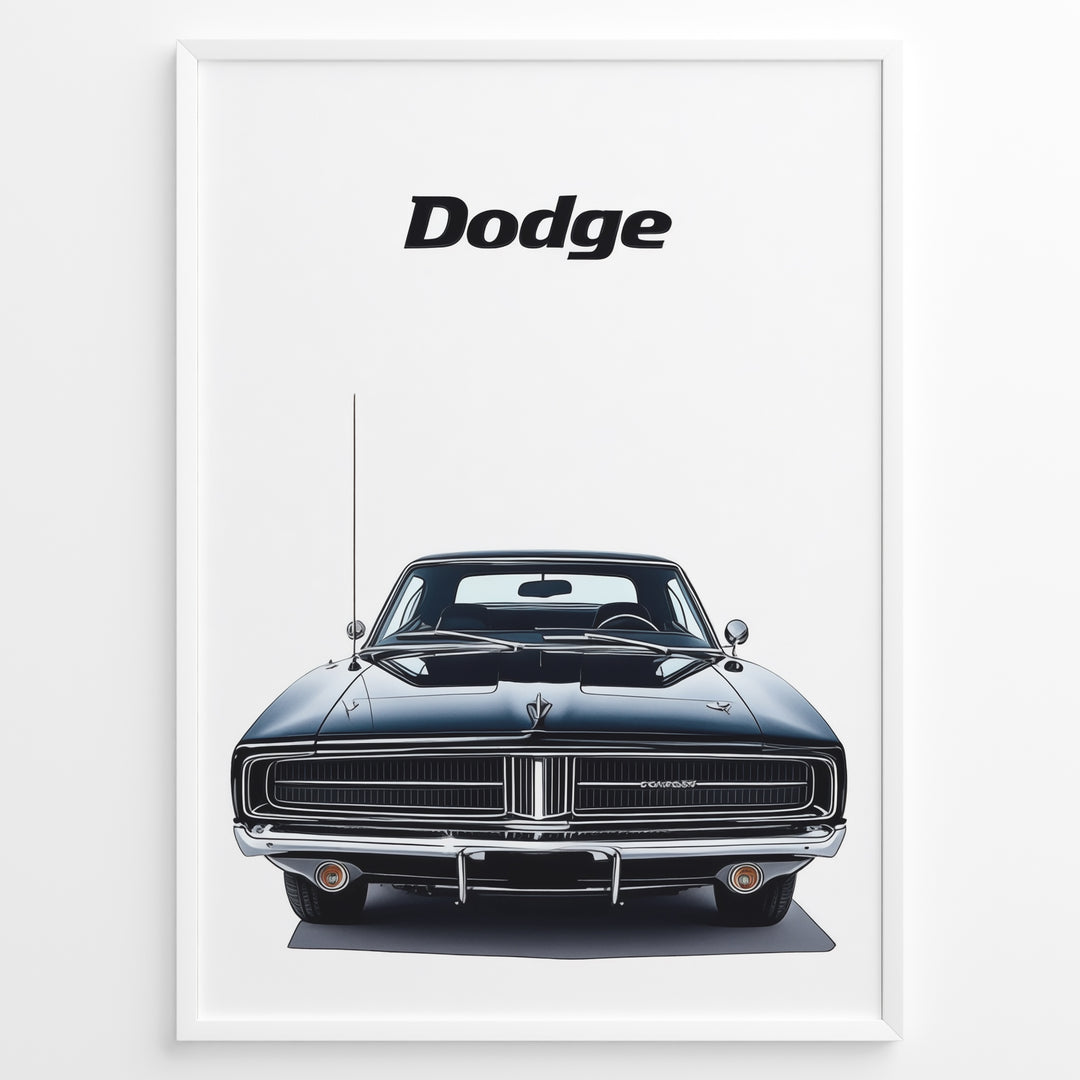 Front view illustration of a classic black Dodge Charger car.