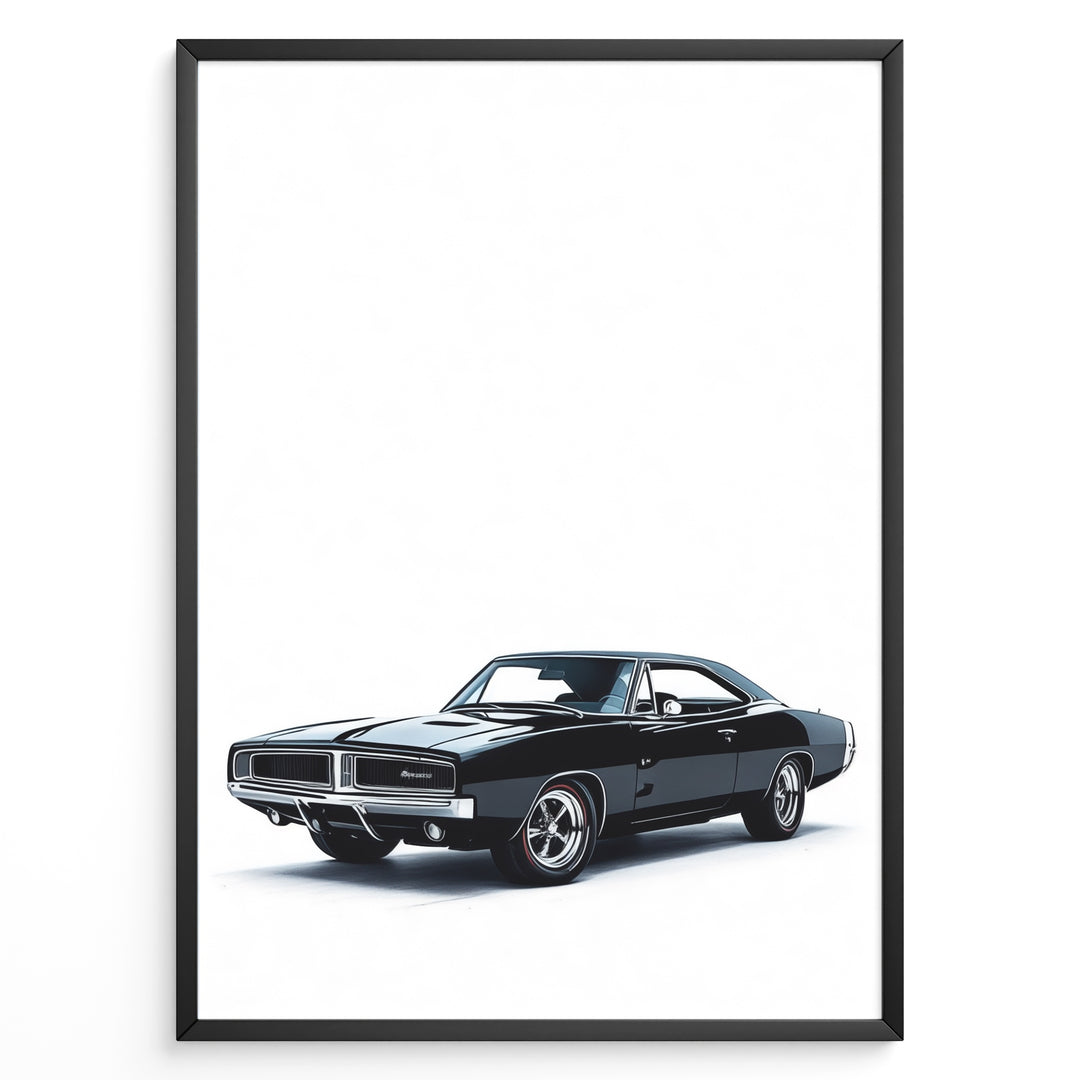 Front-angled illustration of a black classic Dodge Charger muscle car on a white background.