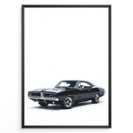 Ladda upp bild till gallerivisning, Front-angled illustration of a black classic Dodge Charger muscle car on a white background.
