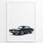Ladda upp bild till gallerivisning, Front-angled illustration of a black classic Dodge Charger muscle car on a white background.
