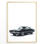 Ladda upp bild till gallerivisning, Front-angled illustration of a black classic Dodge Charger muscle car on a white background.
