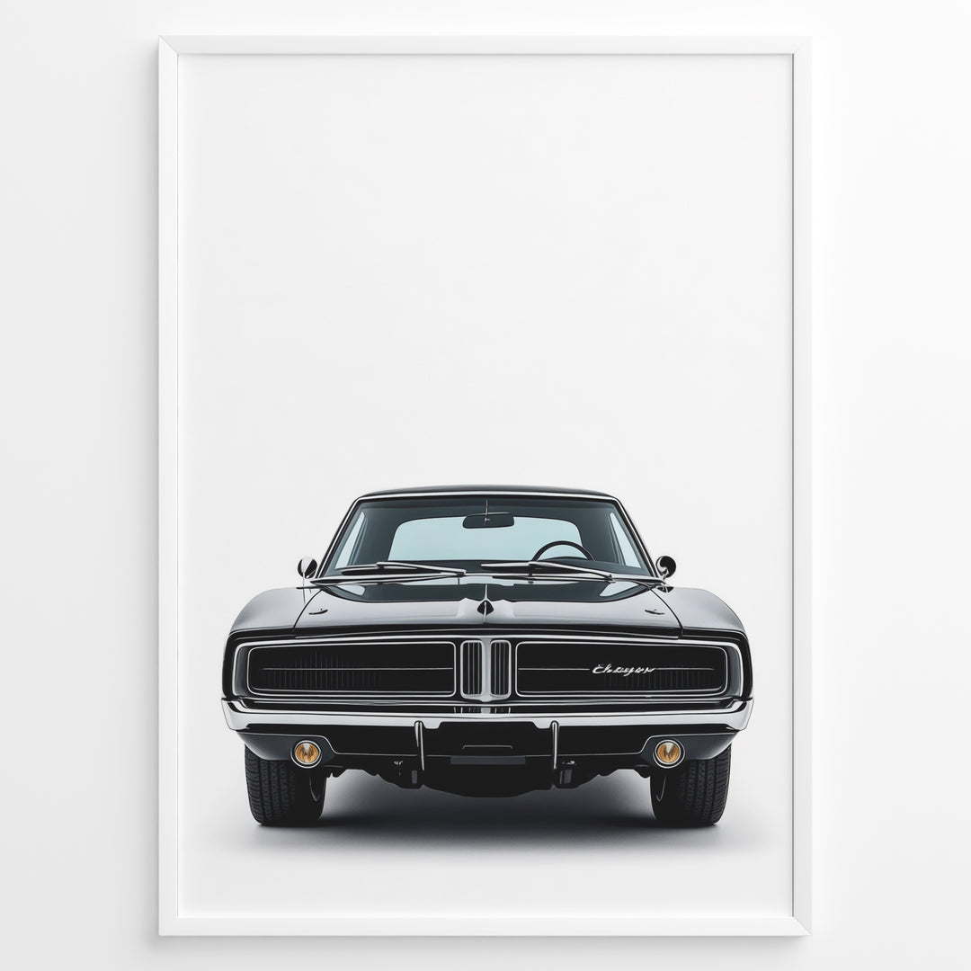 Front view illustration of a classic black Dodge Charger car.