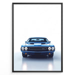 Ladda upp bild till gallerivisning, Front view illustration of a classic Dodge Challenger muscle car in blue.
