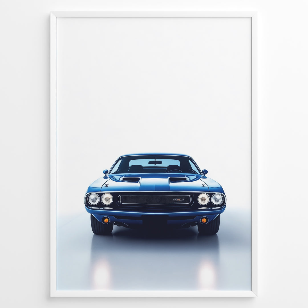 Front view illustration of a classic Dodge Challenger muscle car in blue.