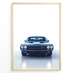 Ladda upp bild till gallerivisning, Front view illustration of a classic Dodge Challenger muscle car in blue.
