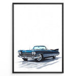 Ladda upp bild till gallerivisning, Illustration of a classic blue vintage convertible car in a minimalist framed poster.
