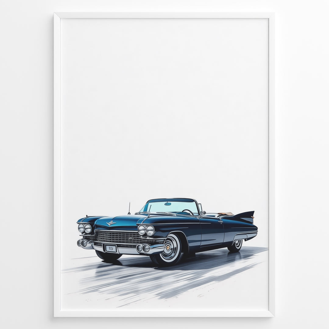 Illustration of a classic blue vintage convertible car in a minimalist framed poster.