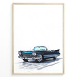 Ladda upp bild till gallerivisning, Illustration of a classic blue vintage convertible car in a minimalist framed poster.
