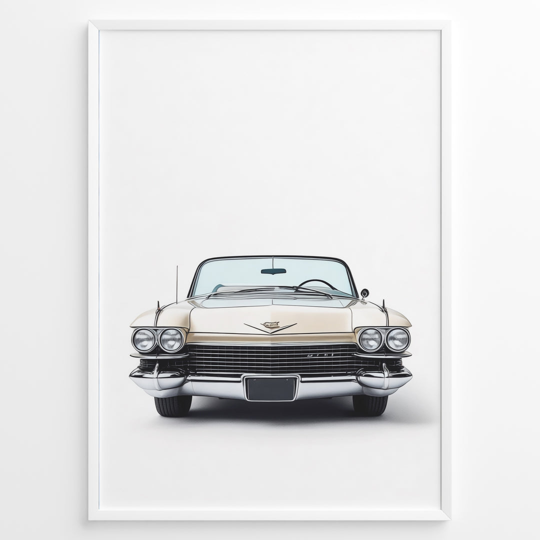 Front-facing illustration of a classic beige convertible car in a minimalist framed poster.