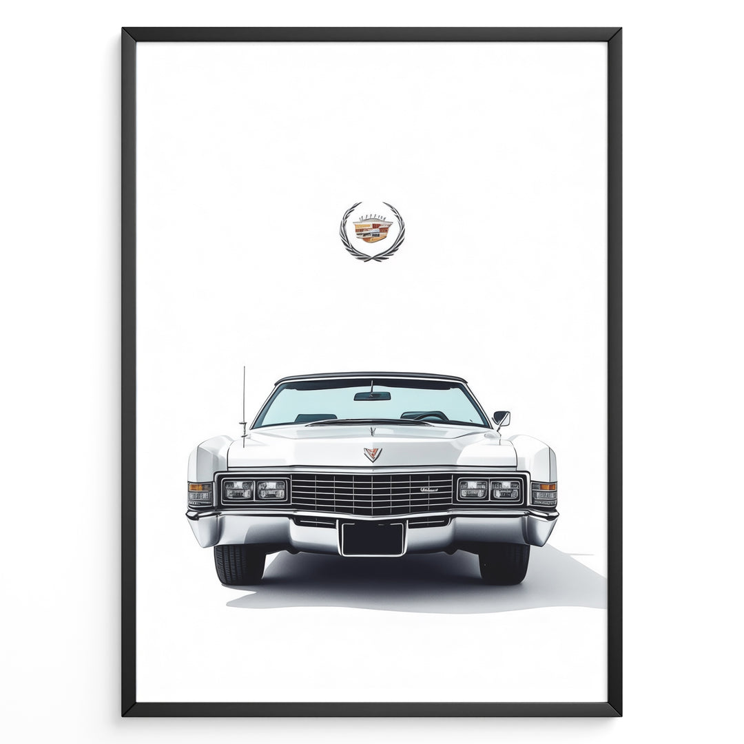 Front-facing illustration of a white classic convertible car with an emblem above in a minimalist framed poster.