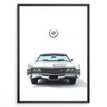 Ladda upp bild till gallerivisning, Front-facing illustration of a white classic convertible car with an emblem above in a minimalist framed poster.
