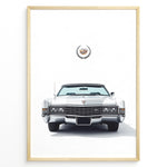 Ladda upp bild till gallerivisning, Front-facing illustration of a white classic convertible car with an emblem above in a minimalist framed poster.
