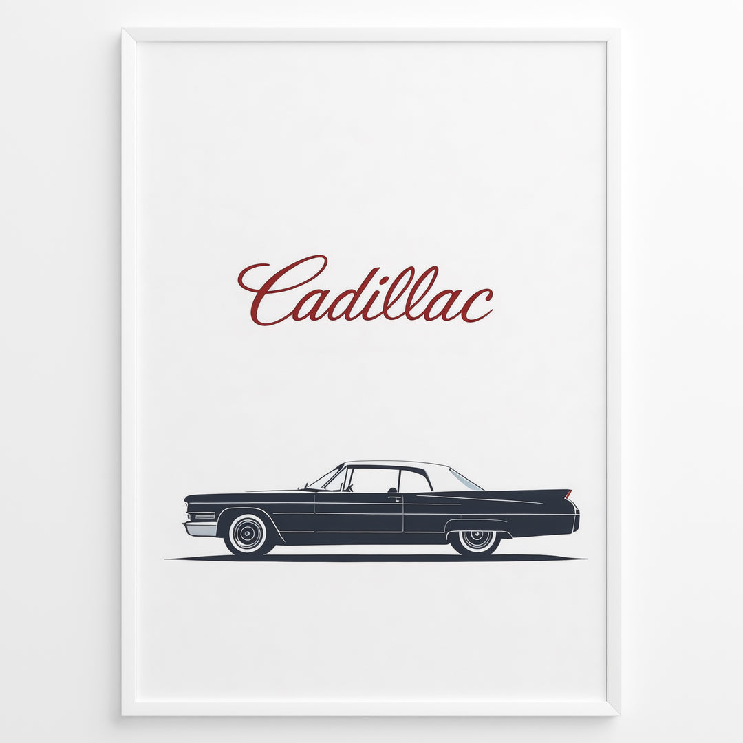 Minimalist side profile illustration of a classic Cadillac car with “Cadillac” text above in a framed poster.