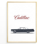 Ladda upp bild till gallerivisning, Minimalist side profile illustration of a classic Cadillac car with “Cadillac” text above in a framed poster.
