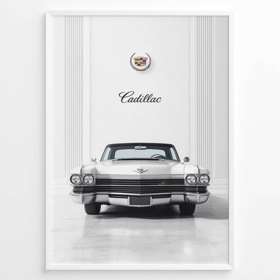Front-view illustration of a classic Cadillac car set in an elegant interior with Cadillac emblem above.