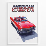 Ladda upp bild till gallerivisning, Illustration of a red American classic convertible car with “American Classic Car” text above in a framed poster.
