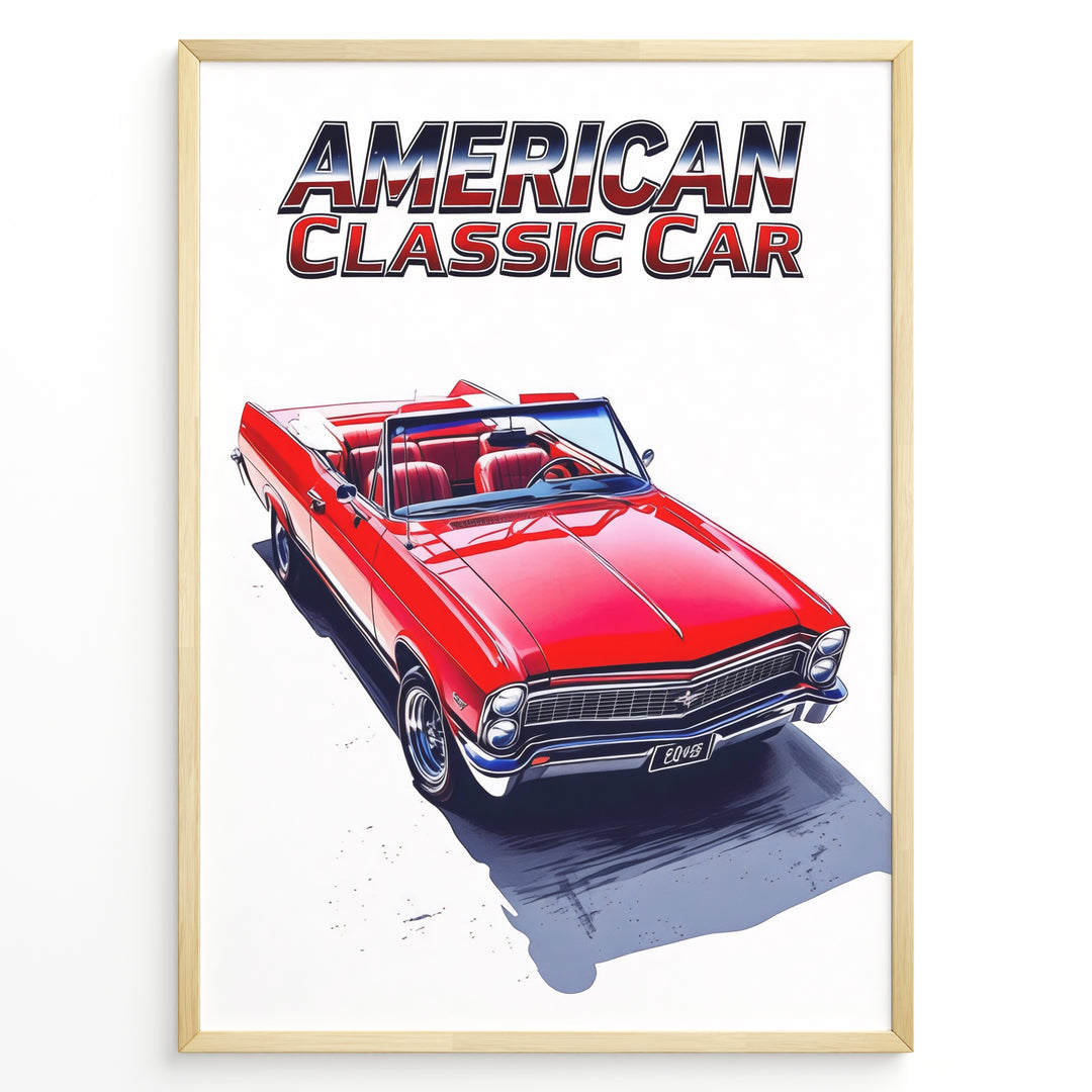 Illustration of a red American classic convertible car with “American Classic Car” text above in a framed poster.