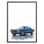 Ladda upp bild till gallerivisning, Illustration of a blue classic muscle car with dual white stripes in a minimalist framed poster.
