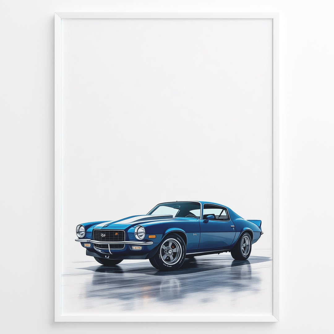 Illustration of a blue classic muscle car with dual white stripes in a minimalist framed poster.