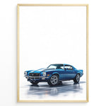 Ladda upp bild till gallerivisning, Illustration of a blue classic muscle car with dual white stripes in a minimalist framed poster.
