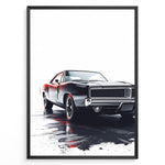Ladda upp bild till gallerivisning, Illustration of a black classic muscle car with dramatic lighting in a minimalist framed poster.
