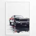 Ladda upp bild till gallerivisning, Illustration of a black classic muscle car with dramatic lighting in a minimalist framed poster.
