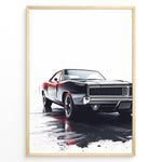 Ladda upp bild till gallerivisning, Illustration of a black classic muscle car with dramatic lighting in a minimalist framed poster.
