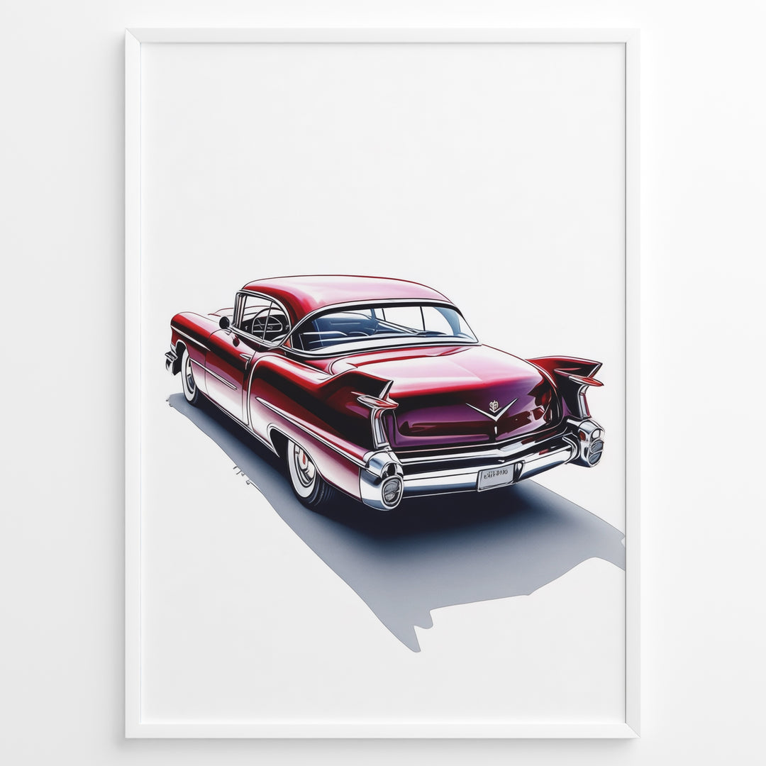 Rear-view illustration of a classic red vintage car in a minimalist framed poster.